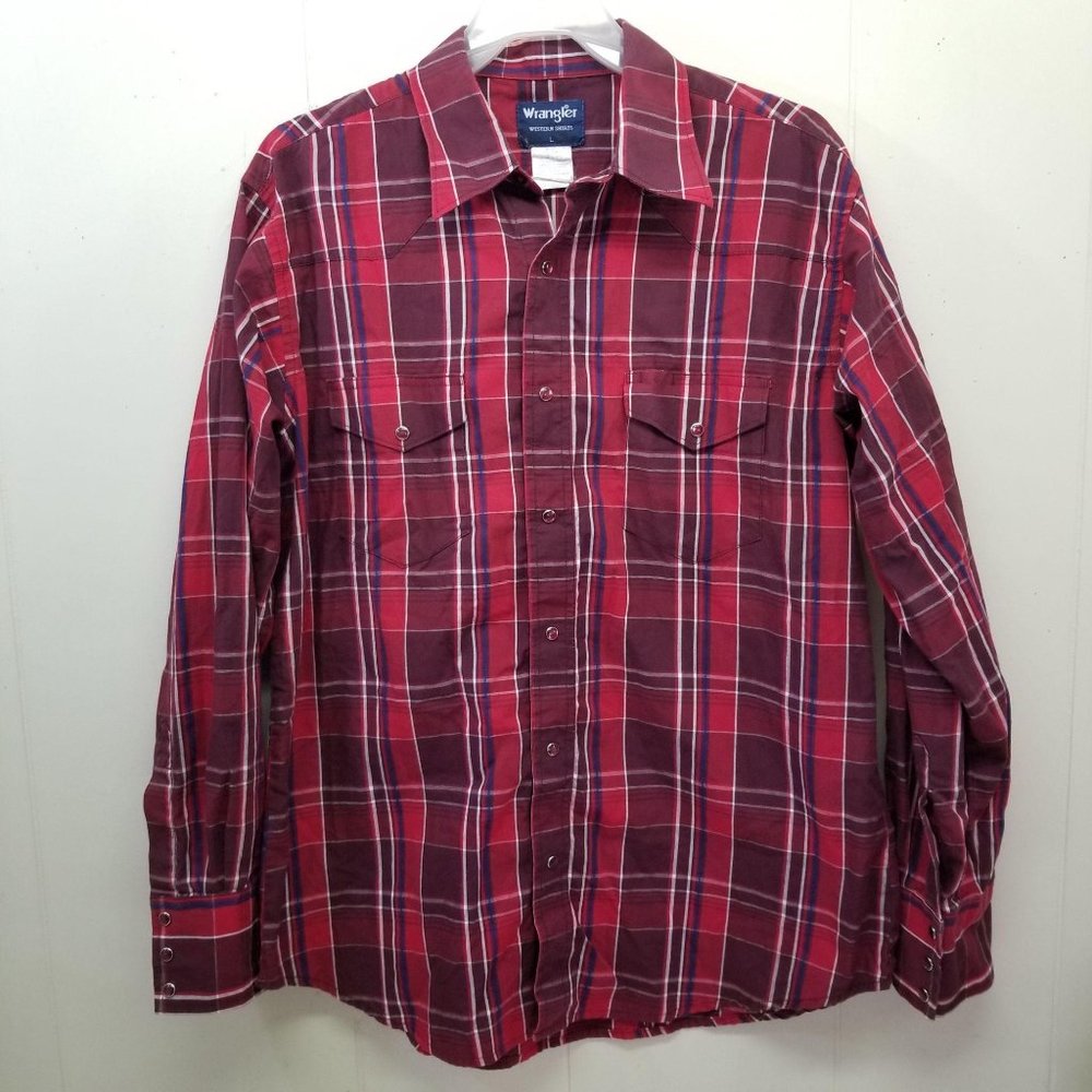 Wrangler Red Plaid Pearl Snap L Shirt Western Rodeo Rockabilly Vintage Retro